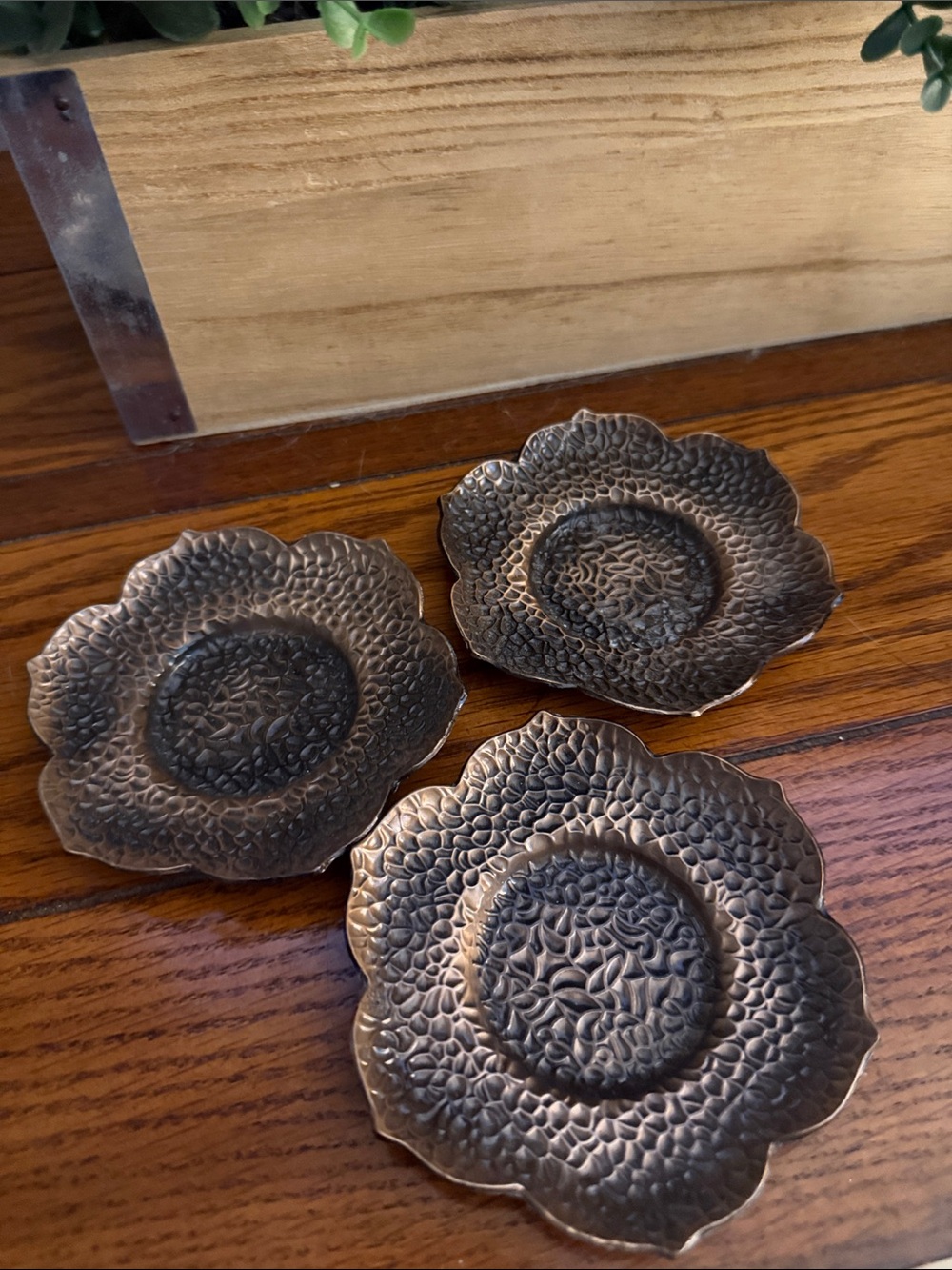 Set of 3 Decorative Metal Flower Coasters - Antique Bronze Tone